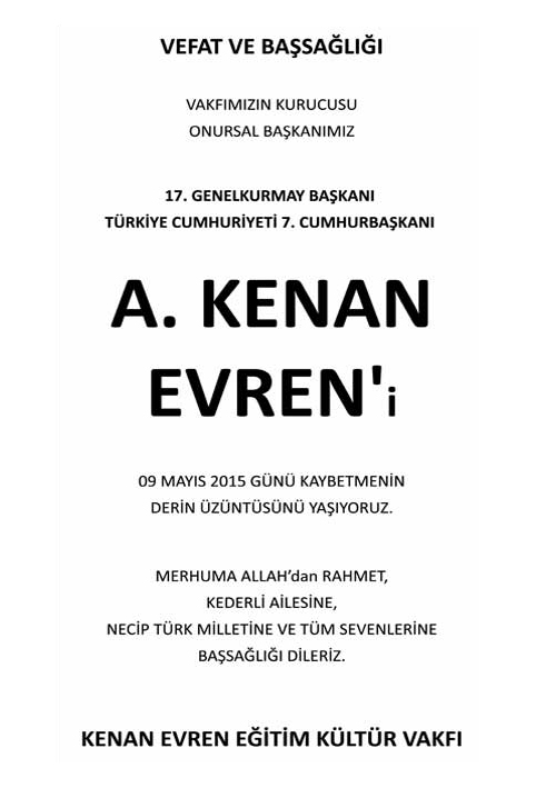 Kenan Evren Vefat İlanı