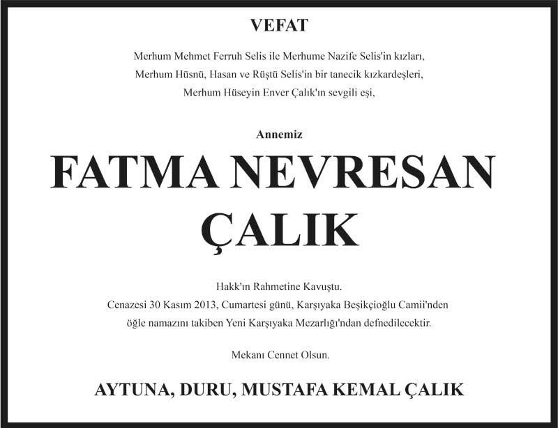 Fatma Nevresan Calık Vefat İlanı